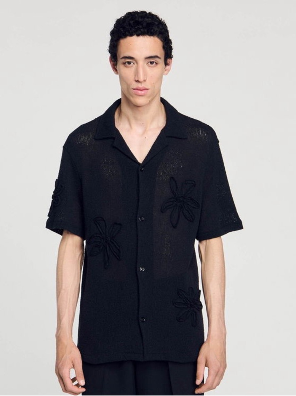 Sandro Black Knit Floral Short Sleeve Shirt Size S